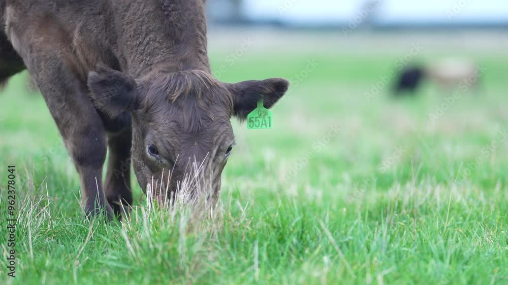 beautiful cattle in Australia eating grass, grazing on pasture. Herd of cows free range beef being regenerative raised on an agricultural farm. Sustainable farming beautiful cattle in Australia eating grass, grazing on pasture. Herd of cows free range beef being regenerative raised on an agricultural farm. Sustainable farming