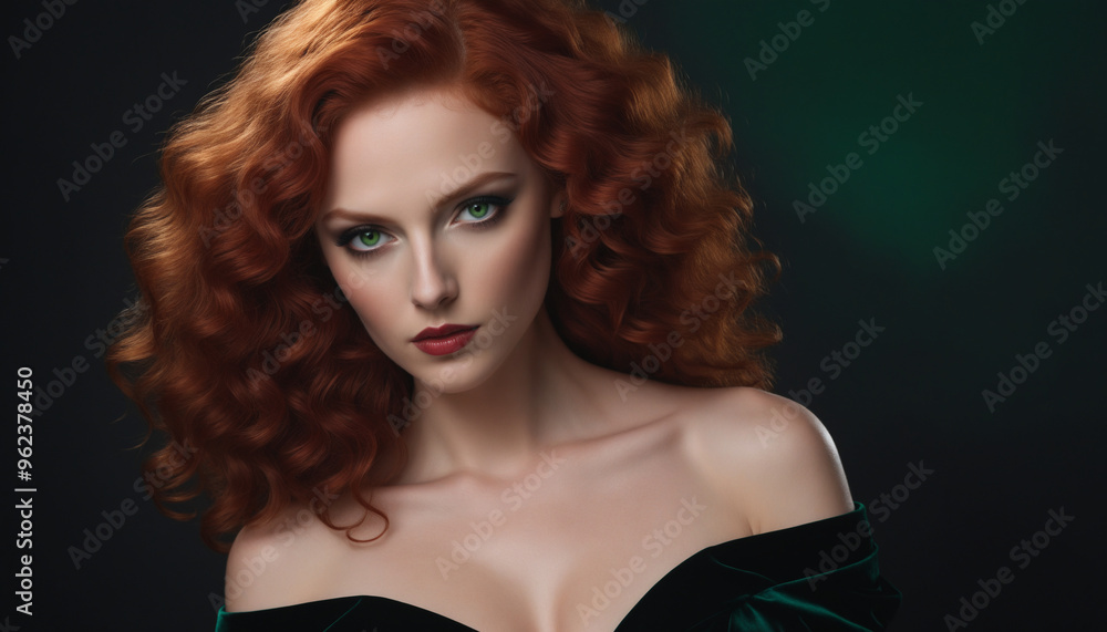 Portrait of a Woman with Curly Red Hair and Green Eyes in a Dark Green Dress Portrait of a Woman with Curly Red Hair and Green Eyes in a Dark Green Dress