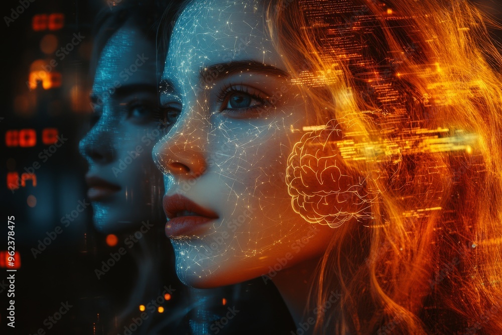 Neural skill Woman’s face infused with fiery energy representing the intense emotions and powerful thoughts driving human creativity and passion Neural skill Woman’s face infused with fiery energy representing the intense emotions and powerful thoughts driving human creativity and passion