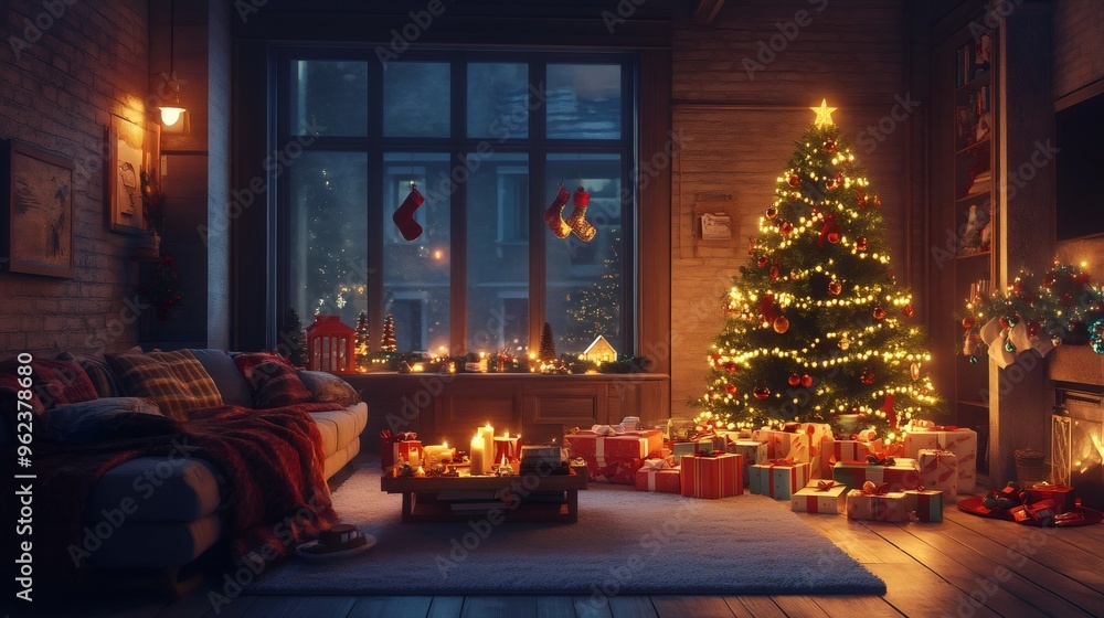 Cozy living room with a decorated Christmas tree, presents, fireplace and a couch. Cozy living room with a decorated Christmas tree, presents, fireplace and a couch.