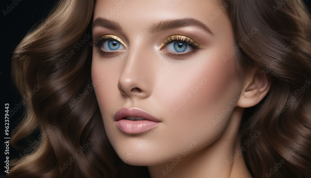 Close-up Portrait of a Beautiful Woman with Golden Eyeshadow and Wavy Brown Hair