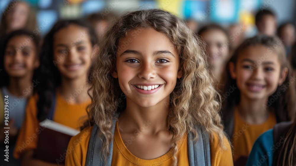Fototapeta premium Smiling Schoolgirl with Curly Hair Standing Among Friends in Classroom, Highlighting Diversity and Joyful Education Environment