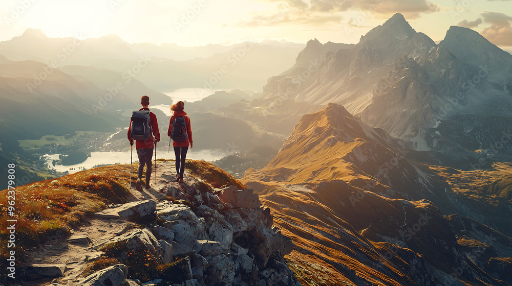 Fototapeta premium Couple Hiking in Scenic Mountain Landscape