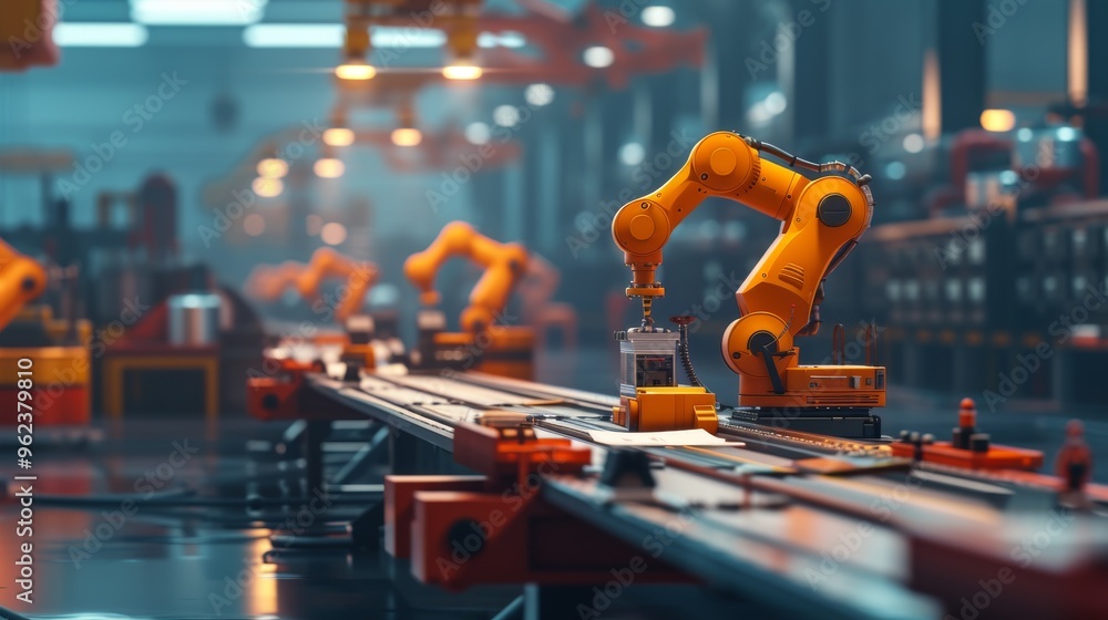Industrial robotic arms operate efficiently on an advanced production line, illustrating automation and modern manufacturing processes in a high-tech factory setting.