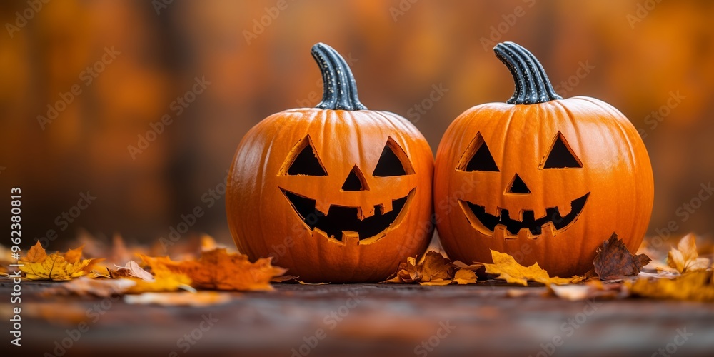 A festive Halloween scene featuring two carved pumpkins with classic jack-o’-lantern faces. The pumpkins sit side by side on a rustic wooden surface, surrounded by vibrant autumn leaves. A festive Halloween scene featuring two carved pumpkins with classic jack-o’-lantern faces. The pumpkins sit side by side on a rustic wooden surface, surrounded by vibrant autumn leaves.