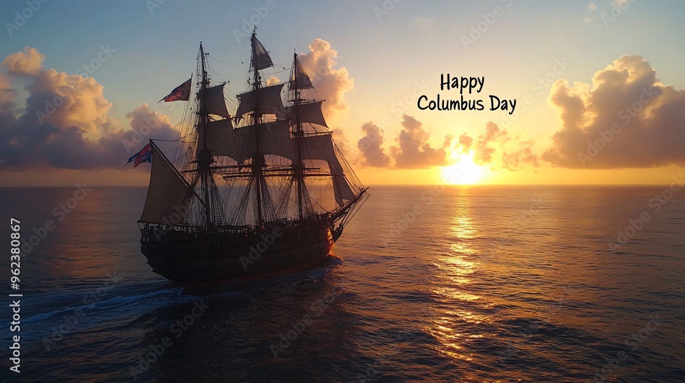 Fototapeta premium Columbus Day Greeting Card with Ship at Sunset