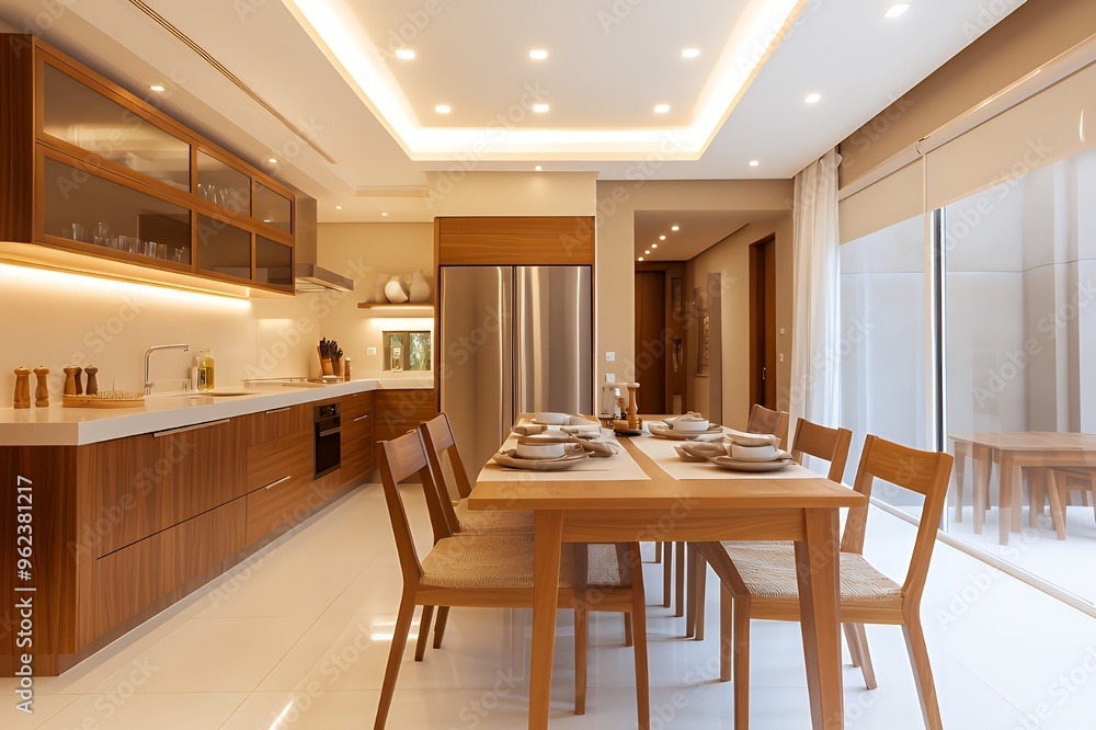 Fototapeta premium Modern kitchen with wooden cabinets and a dining table set with plates and napkins.