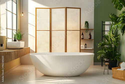 Stylish bathroom interior with folding screen and tub