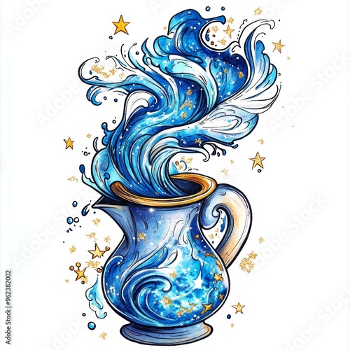 A decorative pitcher with swirling blue waves and stars. photo