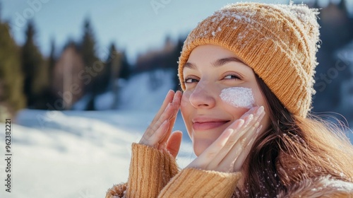 Smiling Woman Applying Sunscreen in Winter Landscape