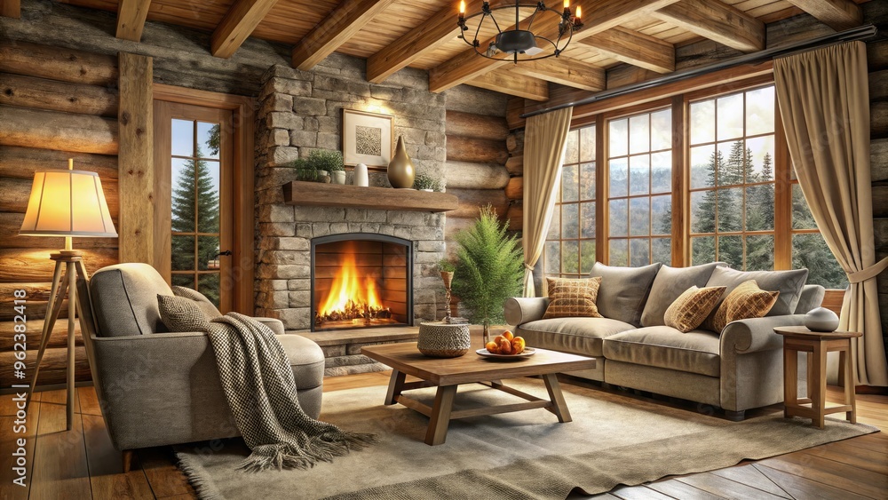 warm beige tones and rustic wooden elements in cozy cabin retreat with plush throw blankets and crackling fireplace warm beige tones and rustic wooden elements in cozy cabin retreat with plush throw blankets and crackling fireplace