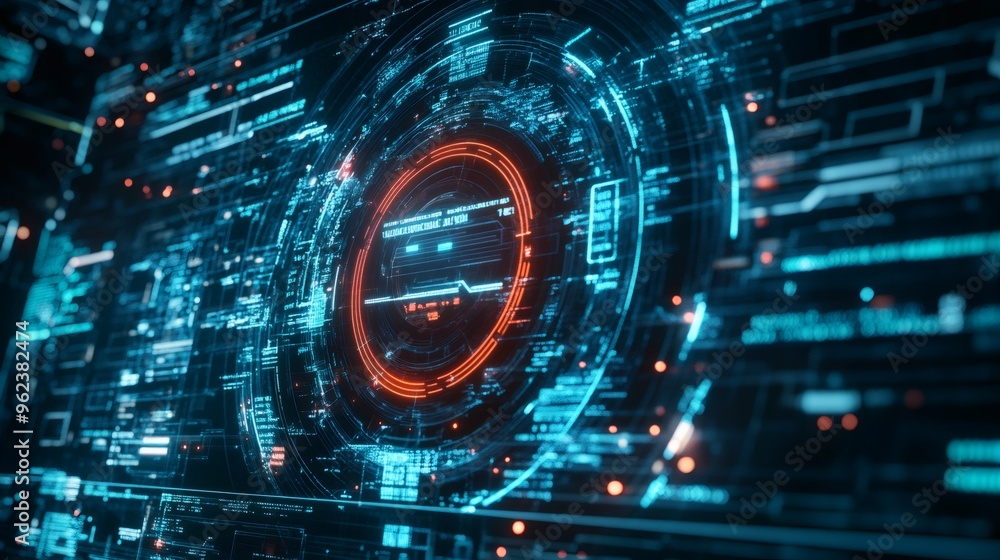 Futuristic digital interface with glowing blue and red lines. Futuristic digital interface with glowing blue and red lines.