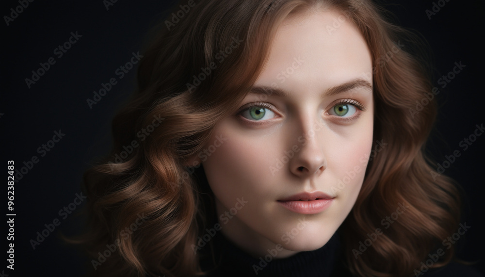 Fototapeta premium Elegant Portrait of a Woman with Wavy Brown Hair and Natural Makeup 