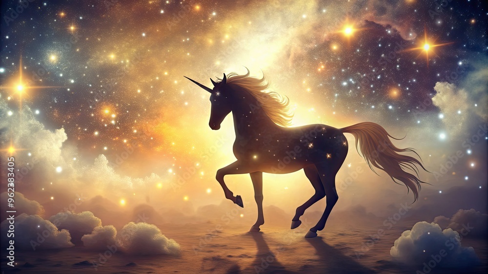 dreamy warm toned victorian era inspired unicorn silhouette against soft focus stars dreamy warm toned victorian era inspired unicorn silhouette against soft focus stars