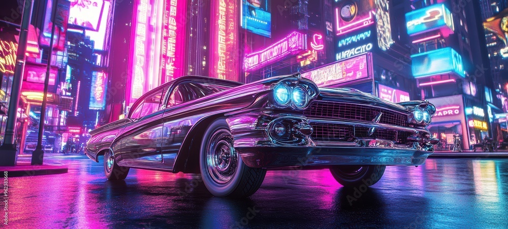 A classic car parked under a neon-lit cityscape A classic car parked under a neon-lit cityscape