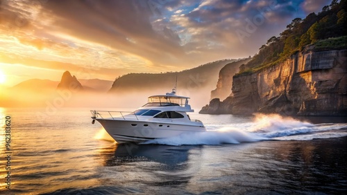 silky smooth wave trail behind sleek white fiberglass yacht sailing into serene misty morning with rugged cliffside backdrop and soft pinkish hue photo