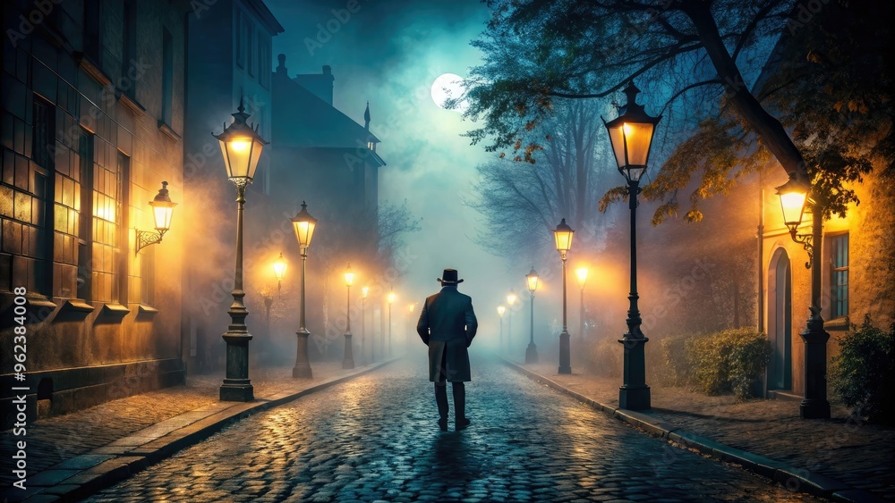 hauntingly beautiful eerie nighttime photography featuring a misty cobblestone street with old gas lamps and a lone mysterious figure in the shadows hauntingly beautiful eerie nighttime photography featuring a misty cobblestone street with old gas lamps and a lone mysterious figure in the shadows
