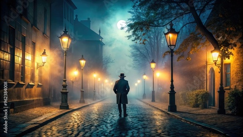 hauntingly beautiful eerie nighttime photography featuring a misty cobblestone street with old gas lamps and a lone mysterious figure in the shadows