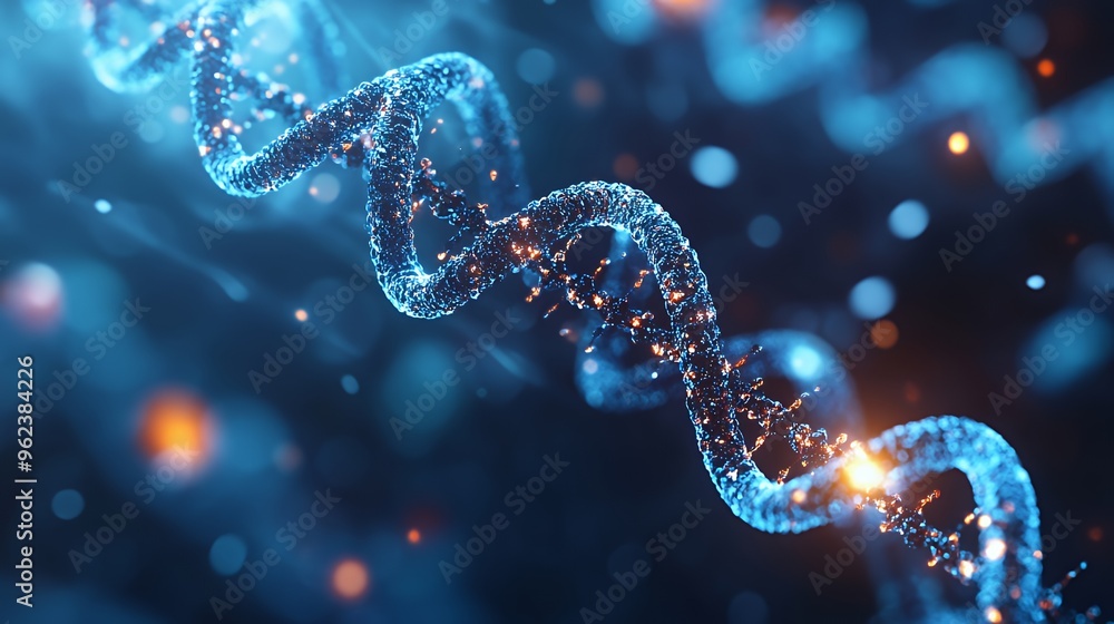 Abstract glowing blue DNA strand on a dark blue background with bokeh lights. Abstract glowing blue DNA strand on a dark blue background with bokeh lights.