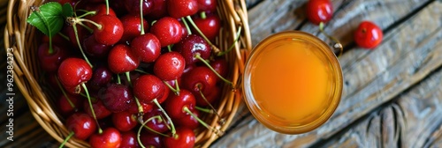 Basket loaded with cherries and strawberries next to a refreshing fruit beverage