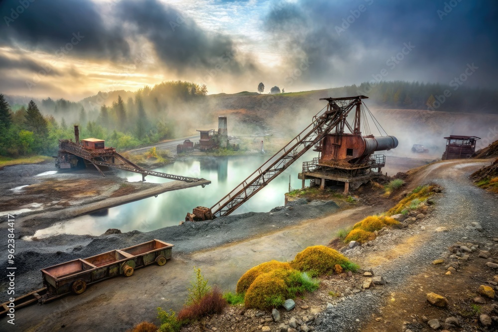 moody atmospheric abandoned gravel pit landscape with misty fog rolling over rusted machinery remnants under grey overcast skies moody atmospheric abandoned gravel pit landscape with misty fog rolling over rusted machinery remnants under grey overcast skies