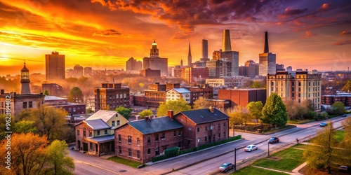 rust belt cityscapes bathing in soft pinkish-orange sunrise hues photo