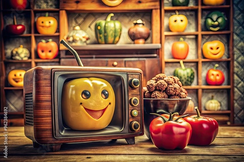 retro-styled close-up pepper ðŸ“º surrounded by vintage emoji TV set and nostalgia-inducing props, conveying nostalgic longing, with warm sepia tones and shallow depth photo