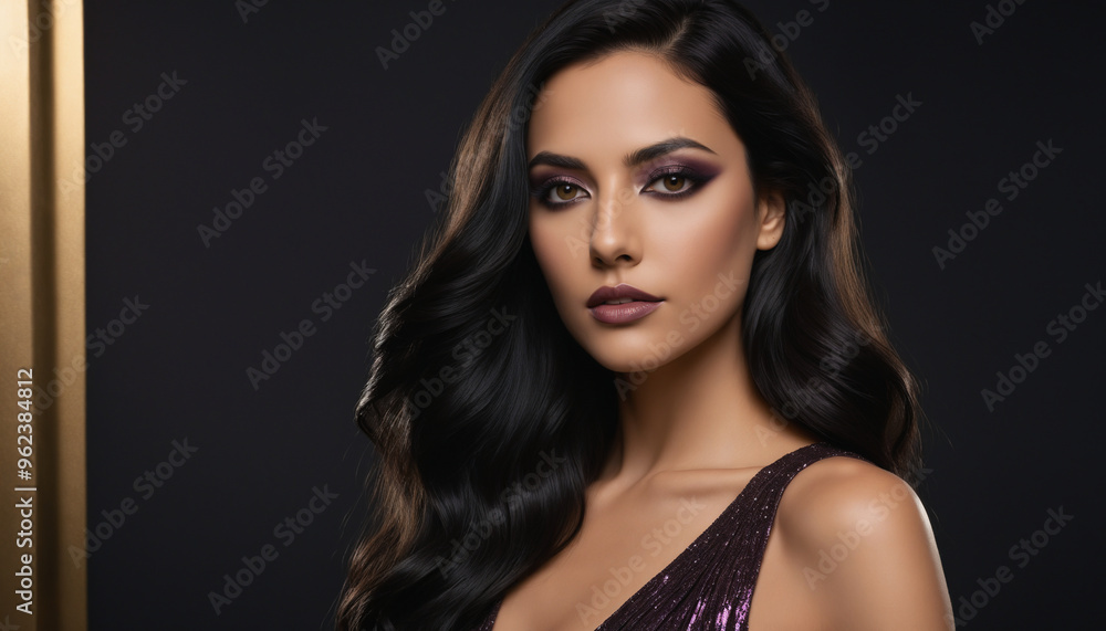 Elegant Woman with Glamorous Makeup and Long Black Hair in Studio Portrait
Elegant Woman with Glamorous Makeup and Long Black Hair in Studio Portrait