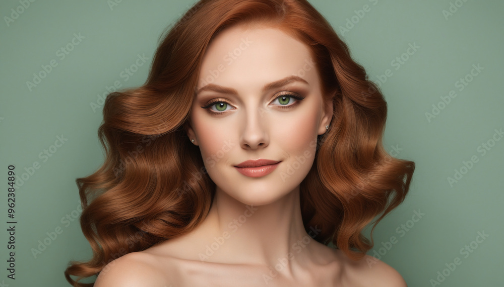 Fototapeta premium Elegant Portrait of a Red-Haired Woman with Soft Curls and Green Eyes on a Green Background 