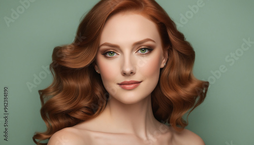 Elegant Portrait of a Red-Haired Woman with Soft Curls and Green Eyes on a Green Background 