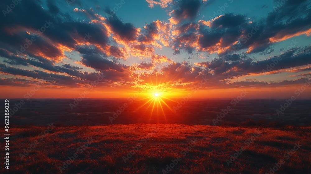 Fototapeta premium A vibrant sunset with a fiery sky casts warm light over a grassy field.