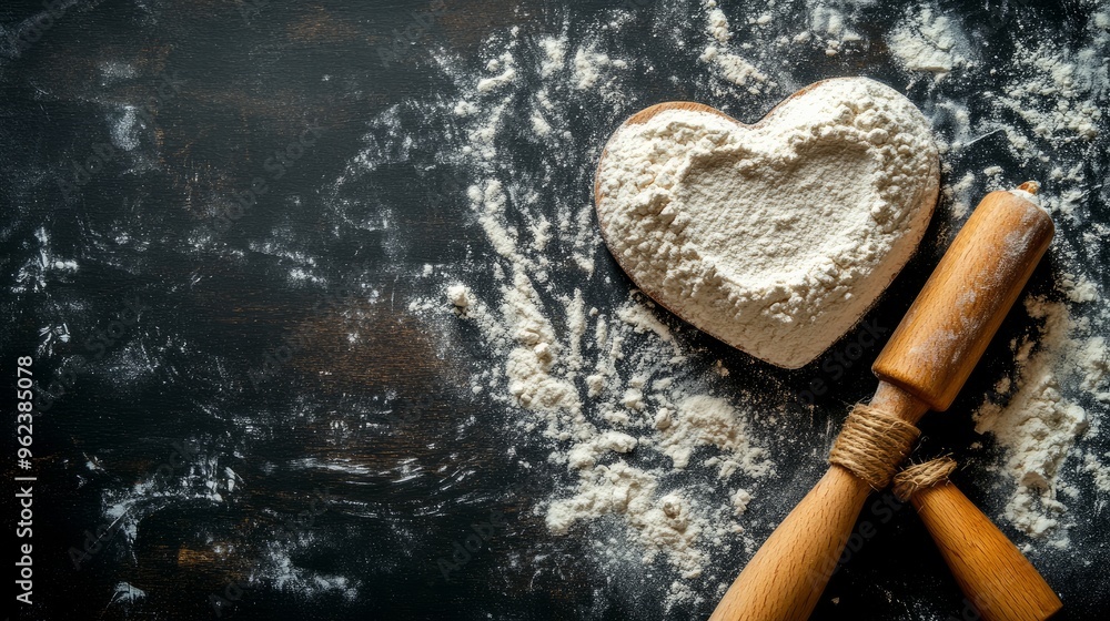 The history of baking. Top view of a rolling pin and heart made of flour on a dark table featuring copy space The history of baking. Top view of a rolling pin and heart made of flour on a dark table featuring copy space