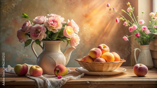 Soft Morning Light Peach Rosy Still Life Composition