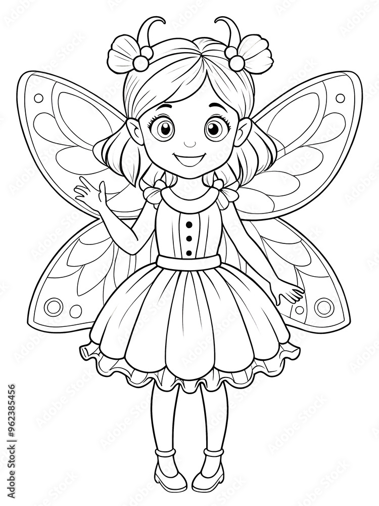 Fairy character in a cute, cheerful style with butterfly wings and a smiling face. For children's design elements, fabric patterns, or educational materials in monochrome Fairy character in a cute, cheerful style with butterfly wings and a smiling face. For children's design elements, fabric patterns, or educational materials in monochrome