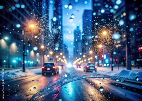 frosted windshield blurred snowstorm nighttime cityscape bright streetlights reflections modern architecture dark moody tone high iso sharp focus cold blue color palette