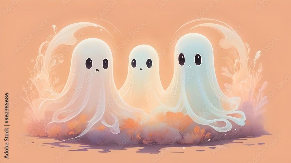 Fototapeta premium trio of adorable ghosts with pink blush on a light canvas