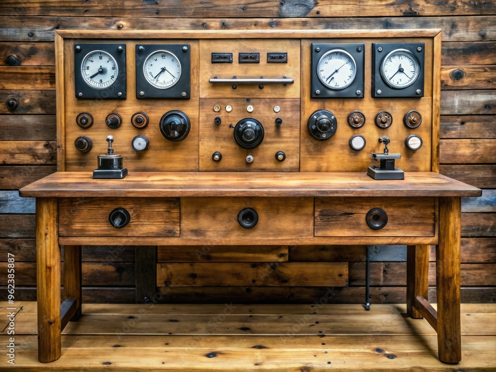 Fototapeta premium Rustic Wooden Desk with Analog Gauges amidst Data Streams