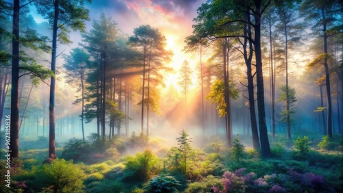 serene ethereal dreamy soft focus morning foggy mystical forest misty surreal atmosphere quiet contemplative peaceful nature photo