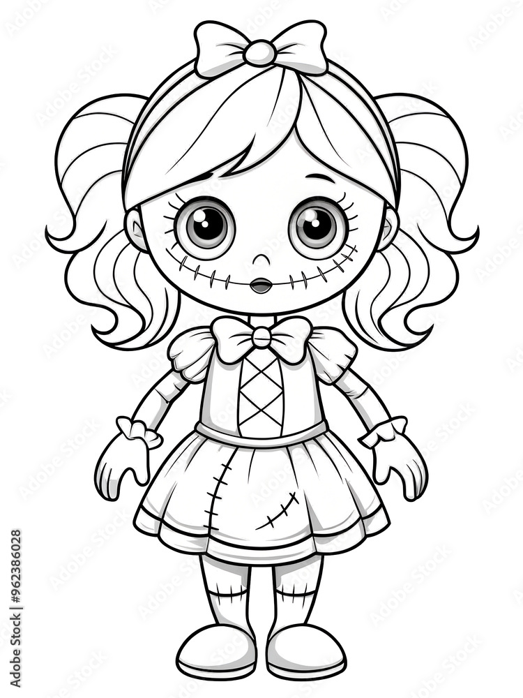 Creepy cute doll character with stitched features and pigtails, designed in a black and white outline. For Halloween designs, spooky web icons, or gothic-themed illustrations Creepy cute doll character with stitched features and pigtails, designed in a black and white outline. For Halloween designs, spooky web icons, or gothic-themed illustrations