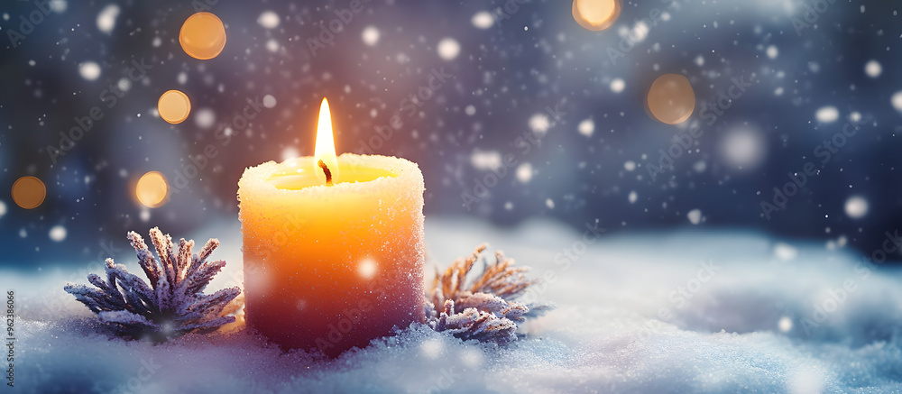 burning chrismas candle im schnee, christmas background banner concept with defocused lights burning chrismas candle im schnee, christmas background banner concept with defocused lights