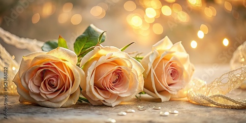 Soft whispers pastel peach roses entwined with lace gift wrap on misty morning with warm golden light and shallow depth of field in romantic style