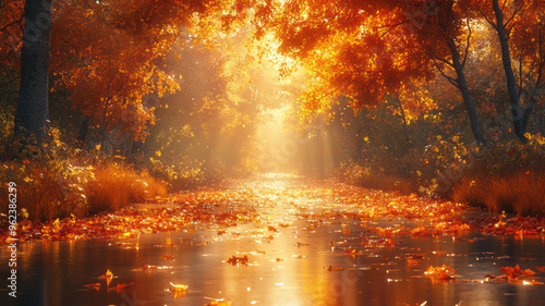 River flowing through hazy autumn landscape. Tree branches overhanging river. Fallen leaves float on water surface. Sunlight beams through tree branches.