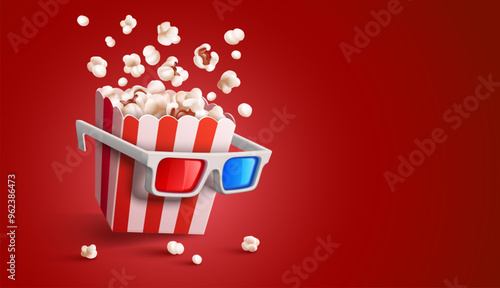Online movie cinema concept. Popcorn in a paper cup and 3d glasses for movies films watching Banner with red background online web tv browsing popcorn. Vector illustration.