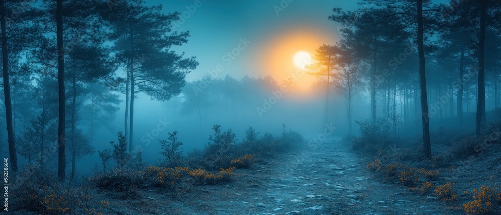 Naklejka premium Misty Forest Path Leading Towards the Sun