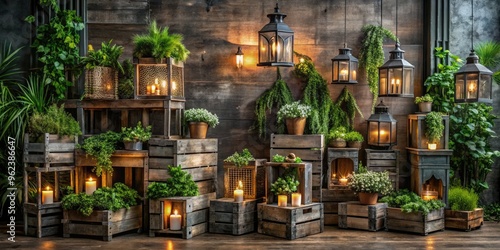 Moody Industrial Chic Backdrop Showcasing Reclaimed Wooden Crates Overflowing With Lush Greenery Amidst Rustic Metal Lanterns In Deep Charcoal And Sage photo