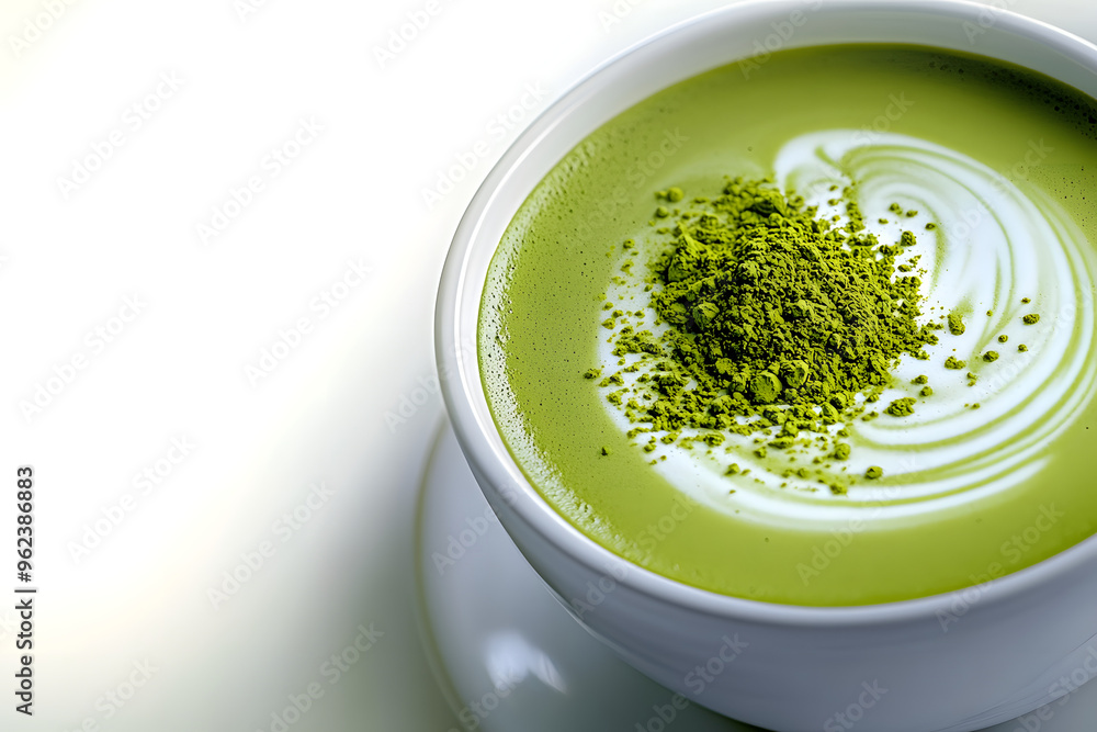 A closeup of a cup of green tea matcha latte in a white cup with powder, latte art, hot green tea, milk, soy milk, traditional beverage with stock. A closeup of a cup of green tea matcha latte in a white cup with powder, latte art, hot green tea, milk, soy milk, traditional beverage with stock.
