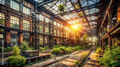 Abandoned factory renovation rustic textures urban renewal steel beams cityscape morning light moody atmosphere industrial progress concept gritty urban jungle