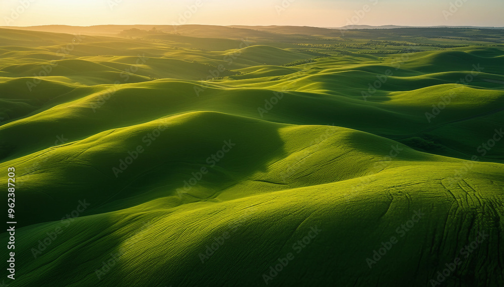 Aerial view of gently rolling green hills, their lush grass illuminated by the soft light of a late