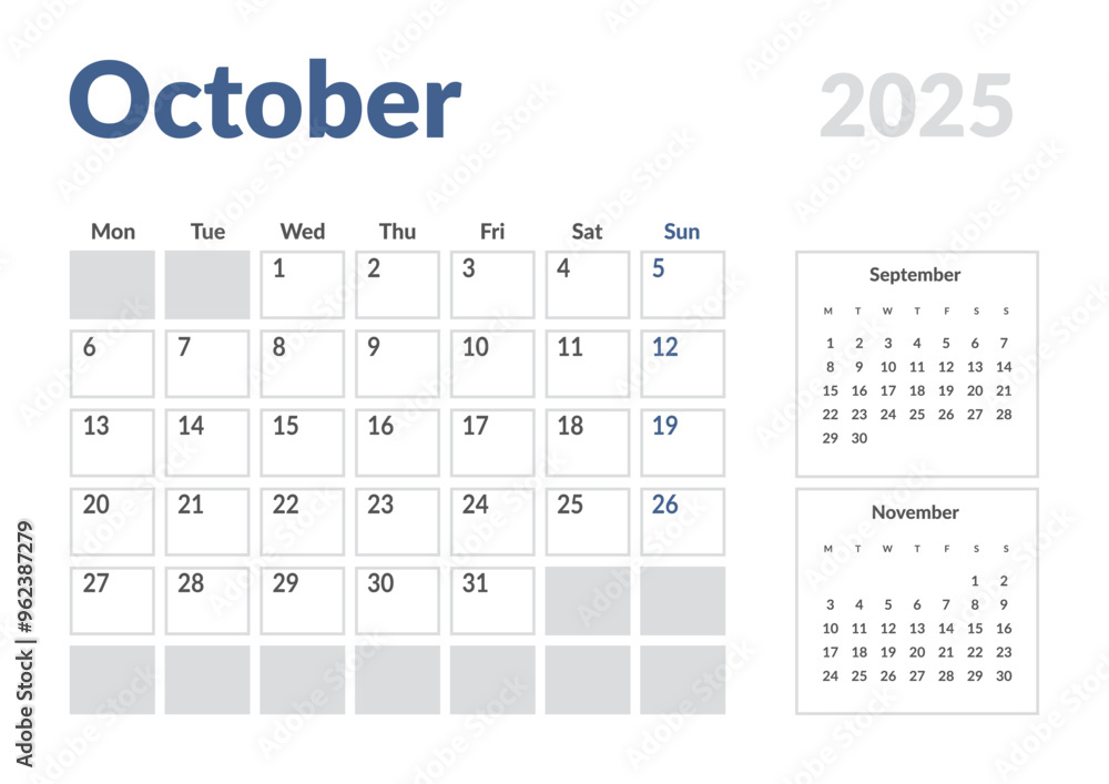 Monthly page Calendar Planner Template of October 2025. Vector layout of calendar with week start Monday for Scheduling. Page for size A4 or 21x29.7 cm Monthly page Calendar Planner Template of October 2025. Vector layout of calendar with week start Monday for Scheduling. Page for size A4 or 21x29.7 cm