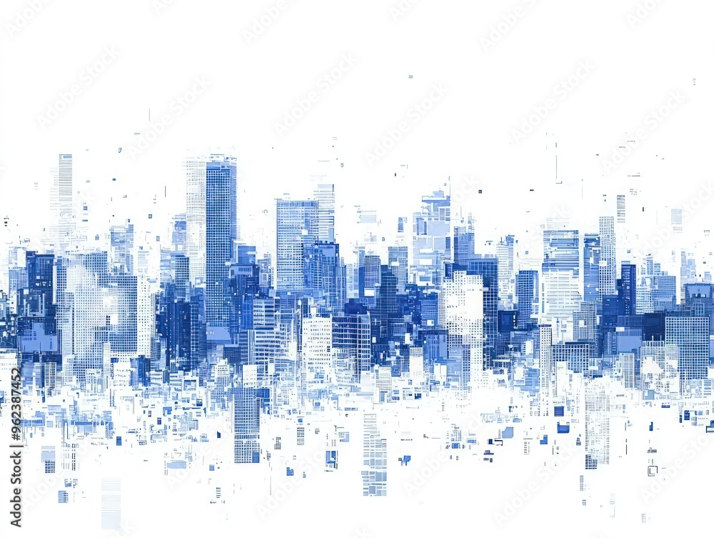 Obraz premium Abstract cityscape with white and blue pixel blocks, rough strokes, and high contrast, vector style.